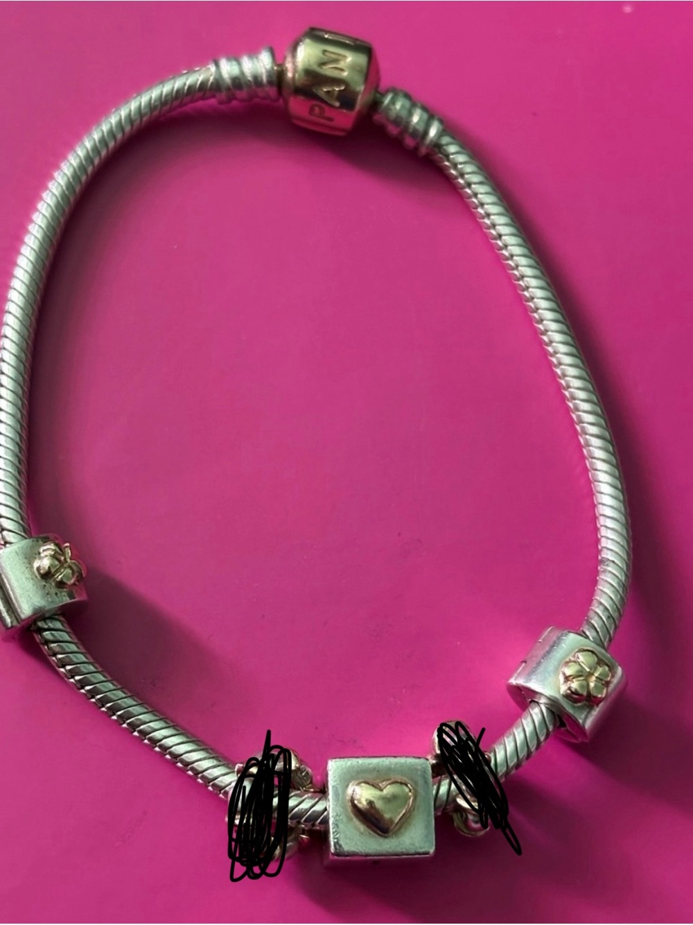 Pandora Two-Tone Silver Bracelet with Gold Heart Accents 7.5 inches